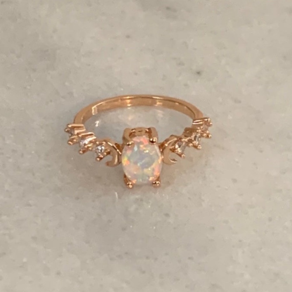 Rose Gold Opal Moon Crystal Ring Size 6 Brand New
